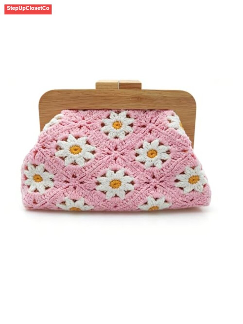Handmade Crochet Cotton Clutch Purse Wooden Frame Retro Floral Kiss Lock
